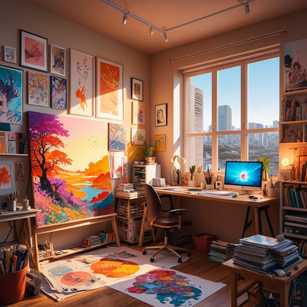 A vibrant, intricately detailed scene featuring an artist's studio, with a large canvas showcasing a dynamic hentai illustration filled with colorful characters, fluid motions, and expressive poses. Surrounding the canvas are art supplies, sketches, and manga volumes, blending the worlds of art and adult anime. Soft lighting creates an inviting atmosphere, highlighting the beauty of creative expression. modern anime art style. vibrant colors. 3D.