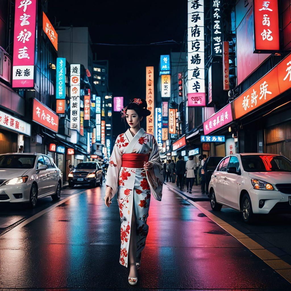 An intricate blend of traditional Japanese elements and modern adult media, featuring a vibrant juxtaposition of geisha motifs intertwined with contemporary art styles. The scene is set against a backdrop of colorful neon signs reflecting on Tokyo streets, merging culture and fantasy. Include subtle hints of anime aesthetics with characters expressing diverse fantasies. Emphasize the contrast between elegance and modernity, showcasing the duality of Japan's adult media culture. super-realistic. vibrant colors. cyberpunk.